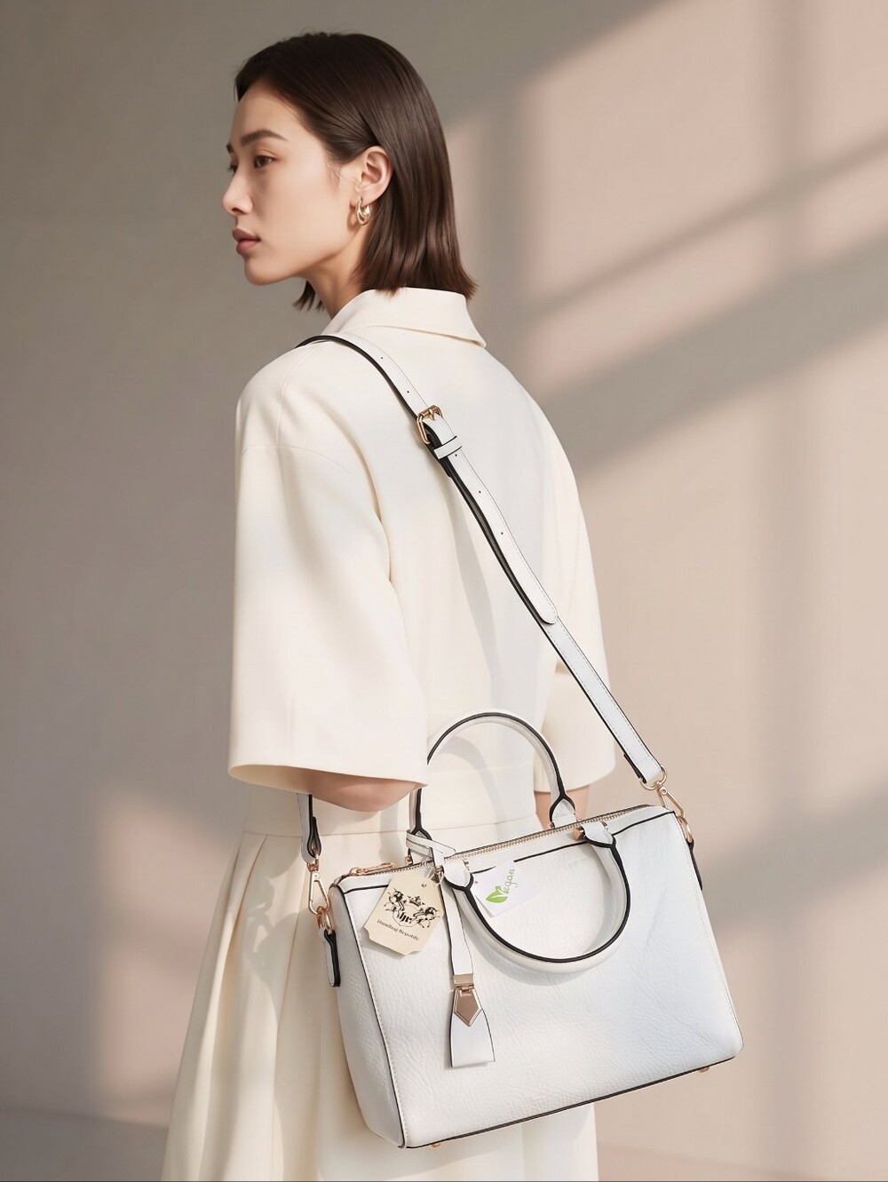 White Faux Leather Vegan Satchel/ Handbag/Purse